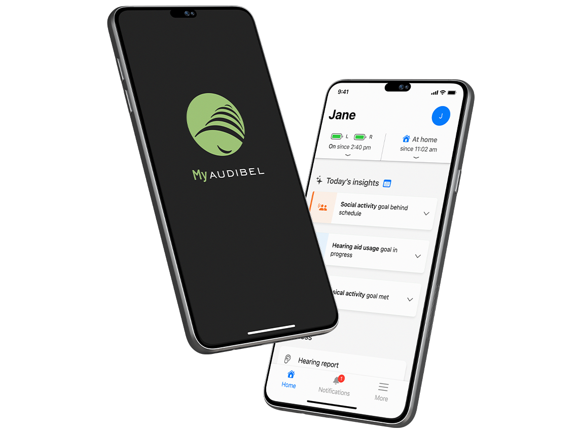 My Audibel and Hear Share app phone screens.